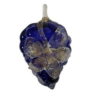 Vintage Handcrafted Blue Glass Grape Figurine Gold Leaf Accents Murano-Style